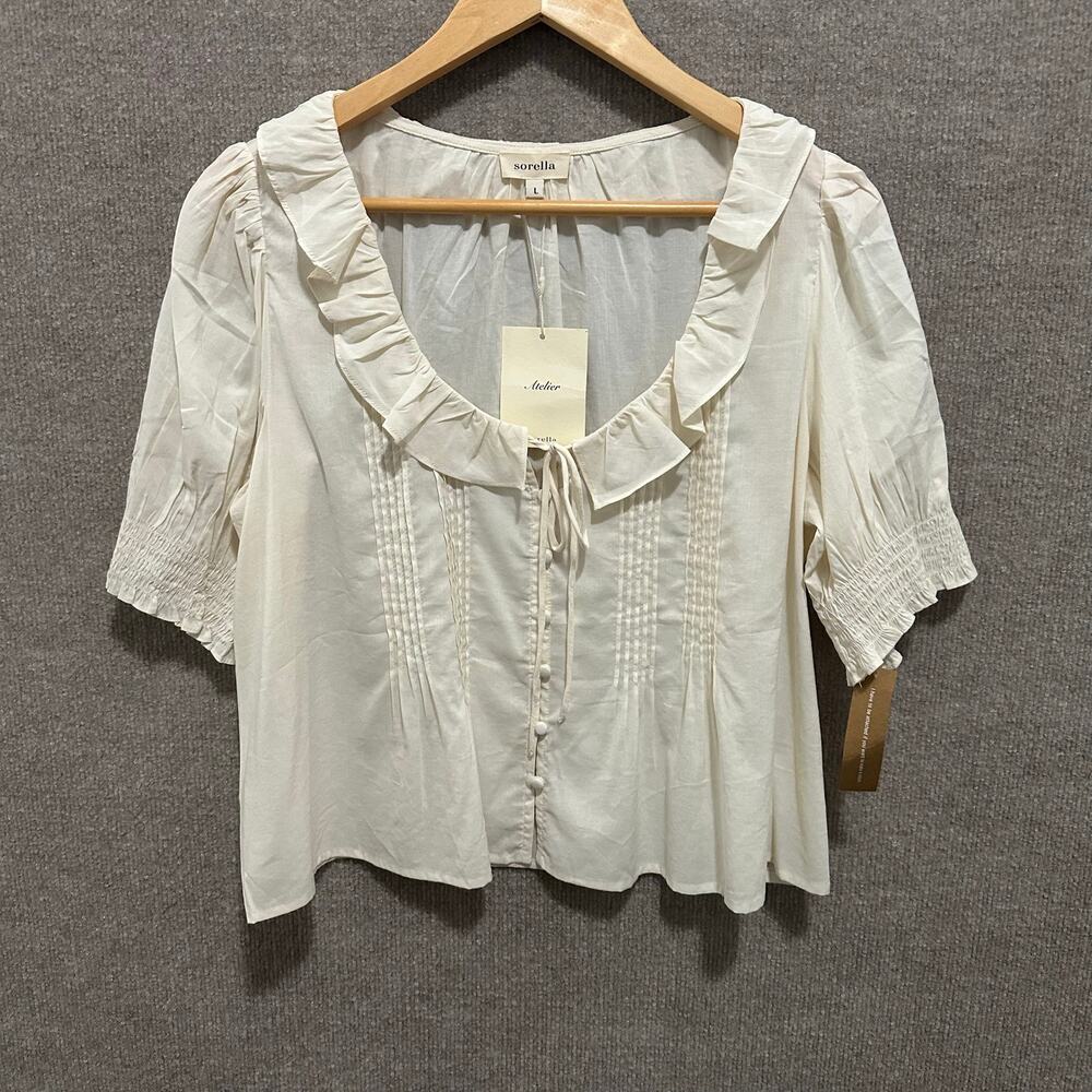 Few Moda Maysilee Cotton Pintuck Ruffle Button Top Cream L Coquette Quiet Luxury